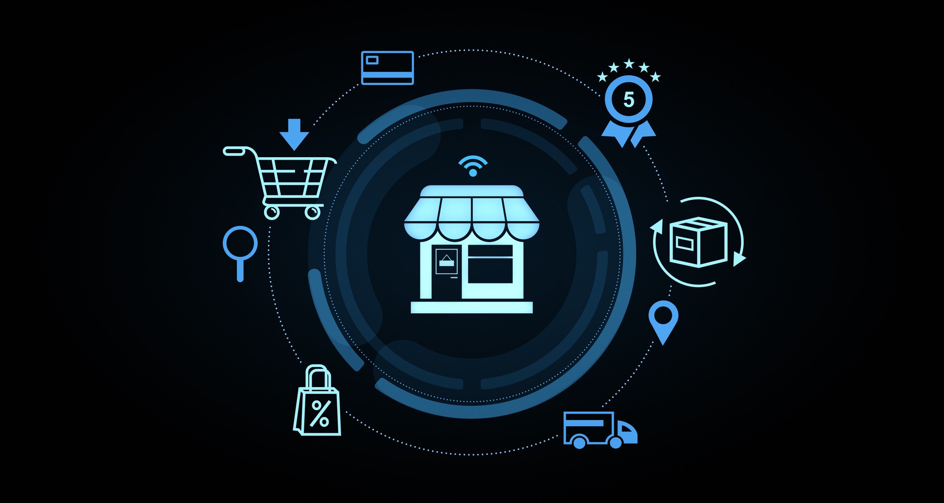 E-commerce concept with digital shopping icons in futuristic 3D rendering. 3D Rendering